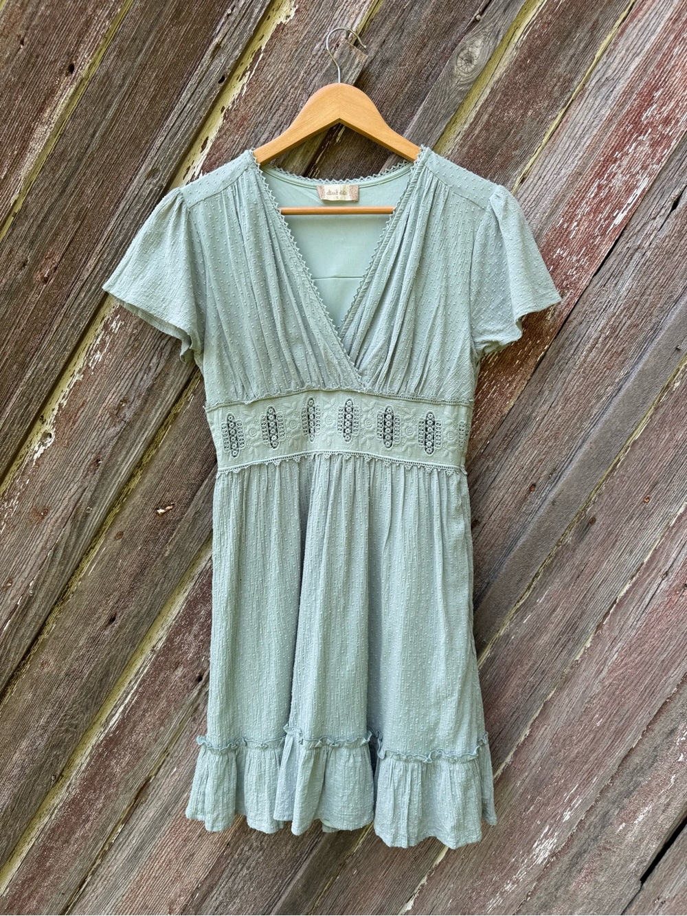 Altard State Sage Green 100% Cotton Embroidered Cottagecore Mini Dress S